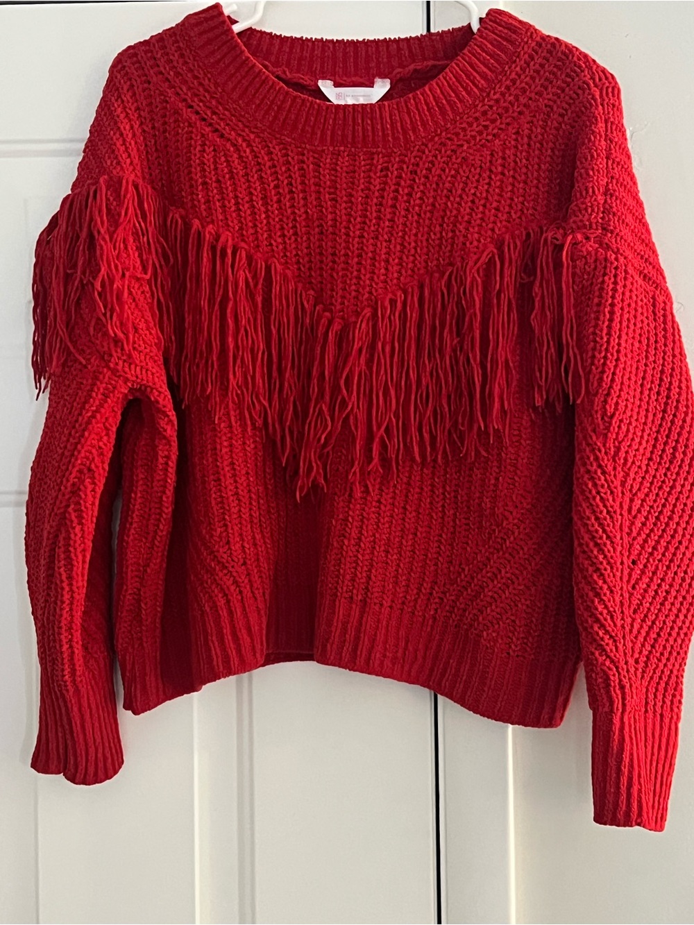 Red Fringe Knit Crewneck Sweater XL
